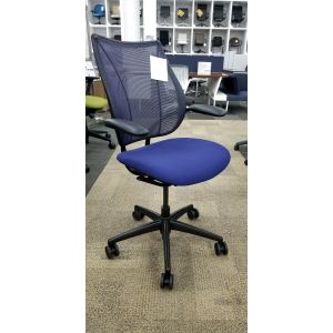 Pre-owned Humanscale Liberty task chair has Atlantic back, Navy fabric seat and a black frame with a five-star castered base.