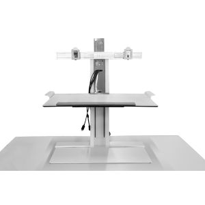 Pre-owned Humanscale freestanding workstation unit has white finish and dual-monitor arms.