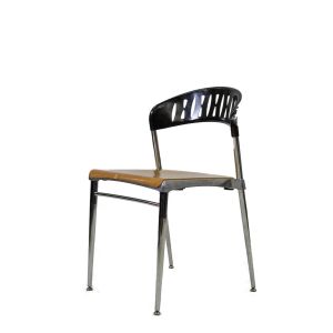 Pre-owned Puima Origlia stack chair has a maple seat, black seat back and a chrome base with (4) post legs.
